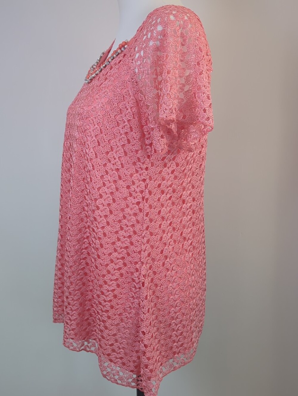 Brittany Black Coral Pink Lace Overlay Blouse Scoop Neck Beaded Embellished Top - Picture 10 of 14